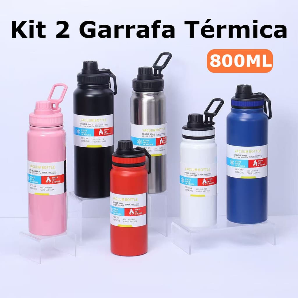 [ENVIO 24H] Kit 2 Garrafas Térmicas Inox 800ml Com Alça - Grande Capacidade - Quente e Frio