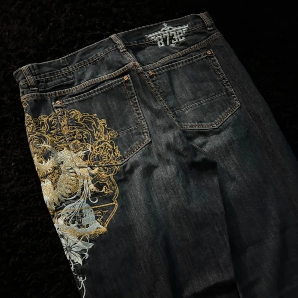 Americano Nova Moda Oversize Padrão Bordado Baggy Jeans Masculino Y2K Punk Harajuku Hip Hop Em Linha Reta Cintura Alta C