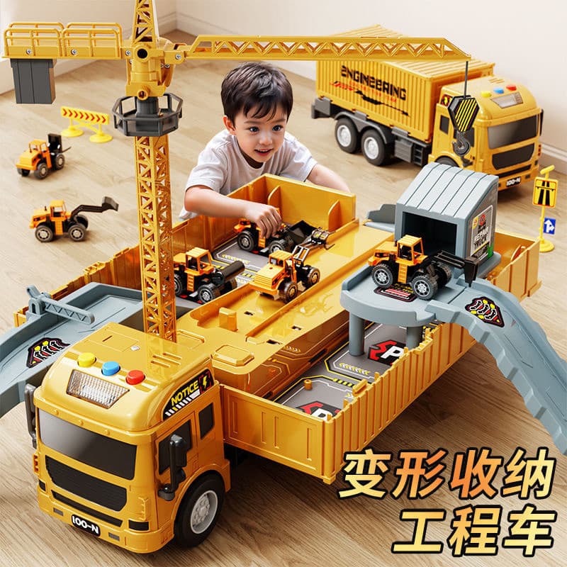 Conjunto de brinquedos de veículos de engenharia adequado para crianças, incluindo um grande caminhão de contêineres.