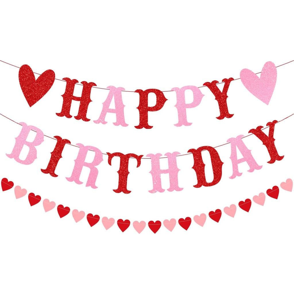 Banner de Dia dos Namorados e Aniversário - Glitter Vermelho e Rosa, 3m de Comprimento, Pré-Montado, Montagem na Parede