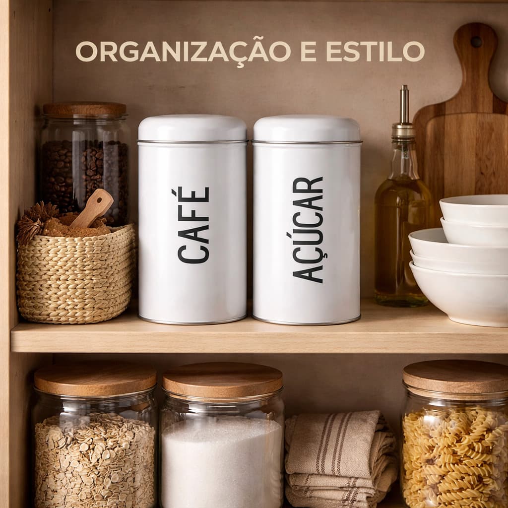 Kit Lata Café e Açúcar Metal Premium | Porta Mantimentos Cozinha Organizador Moderno Minimalista Gourmet