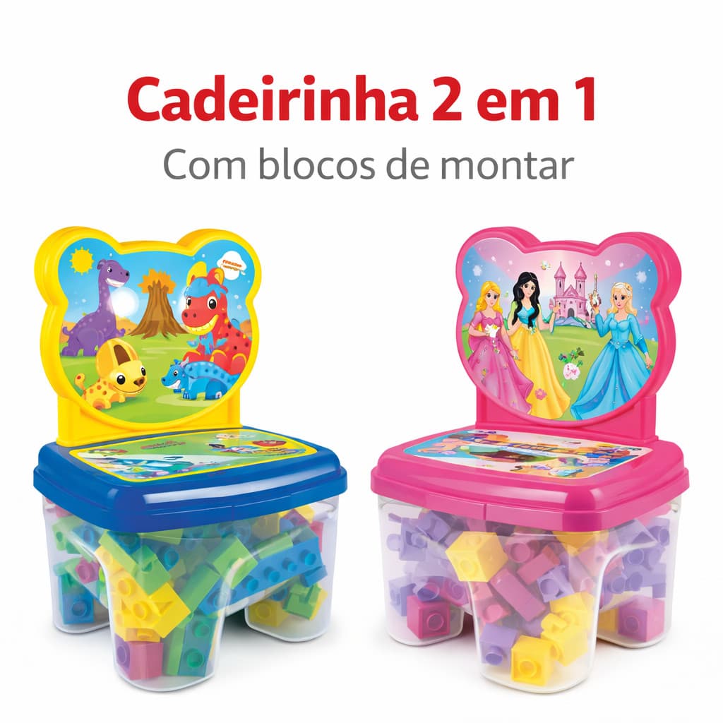Cadeirinha Infantil 2 em 1 GGB com 24 Blocos de Montar Princesas ou Dinossauros INMETRO +18 Meses