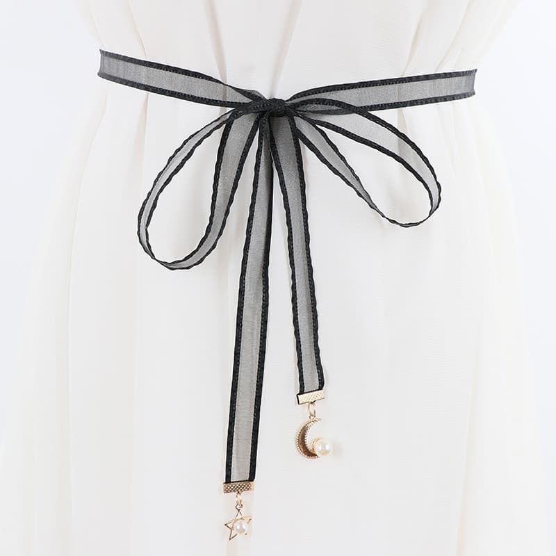 Doce All-Match translúcido atado cinto senhoras cinto fino Bowknot decoração cintura corrente pérola fita com saia