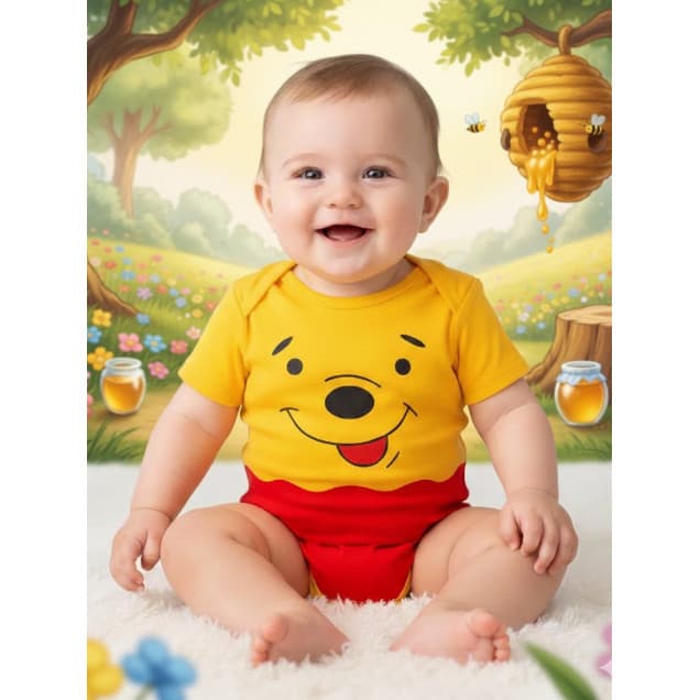 Body Infantil Bebê Ursinho Poof  POOH + Touca Temático de Mesversaro Tigrão Promoção