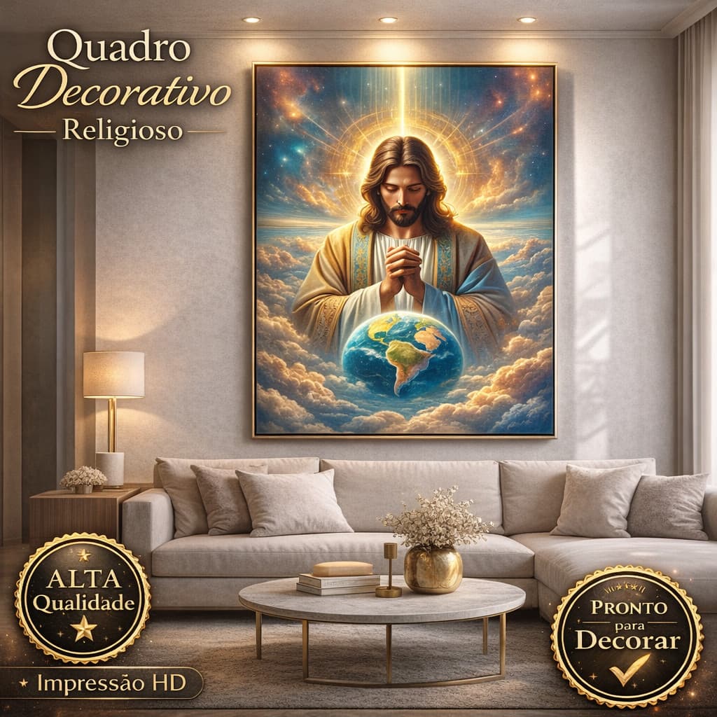 Quadro Decorativo Peça Única Jesus Cristo Céu Paraíso Oração Mundo Placa Mdf 4K Full HD