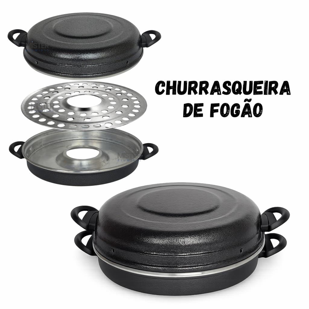 Churrasqueira Grill de Fogão Alumínio com Tampa Anti Fumaça Grelha para Churrasco em Casa