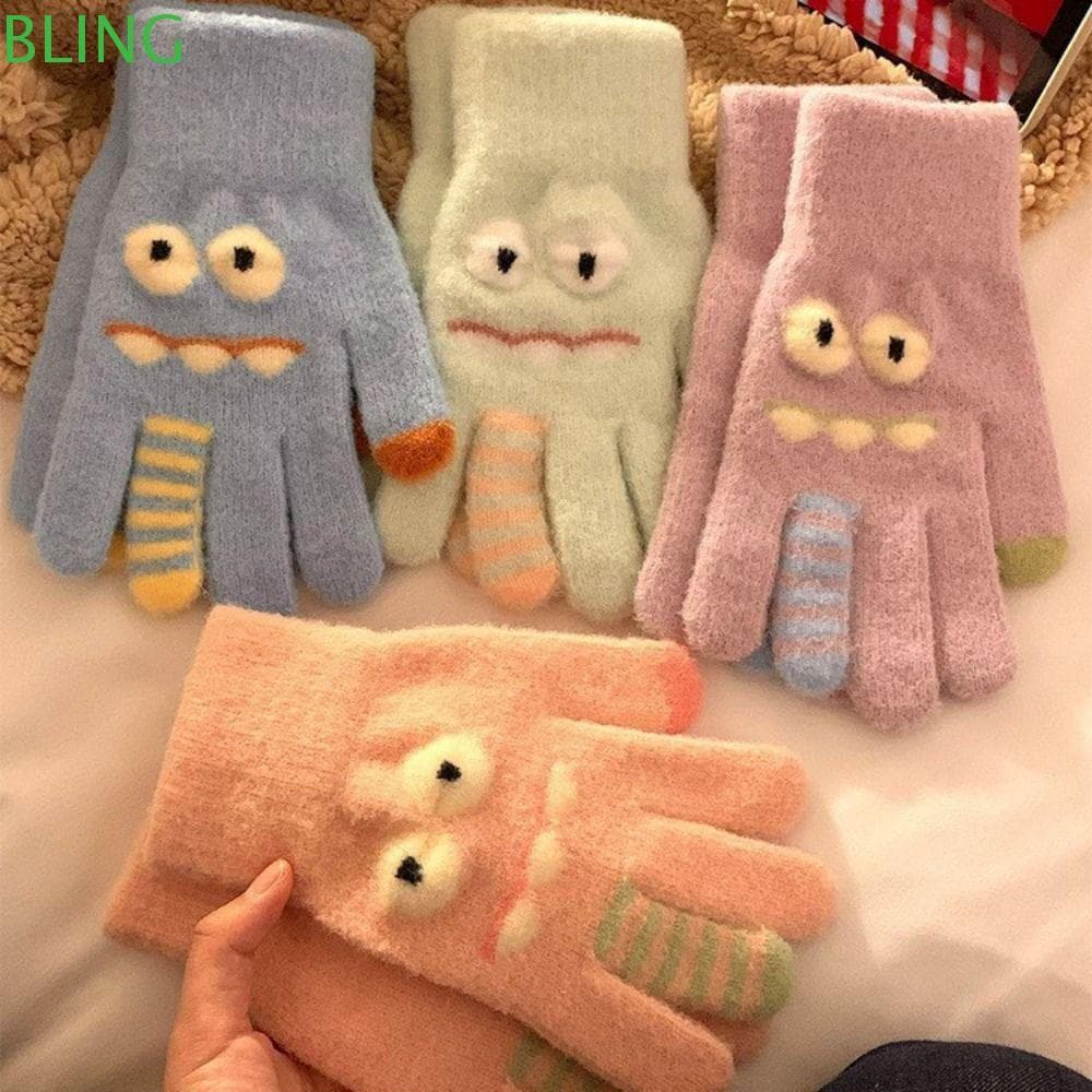 Luvas De Inverno De Pelúcia BLING , Quentes De Desenho Animado À Prova De Frio Cinco Dedos Espessadas Vento Com Tela Sen