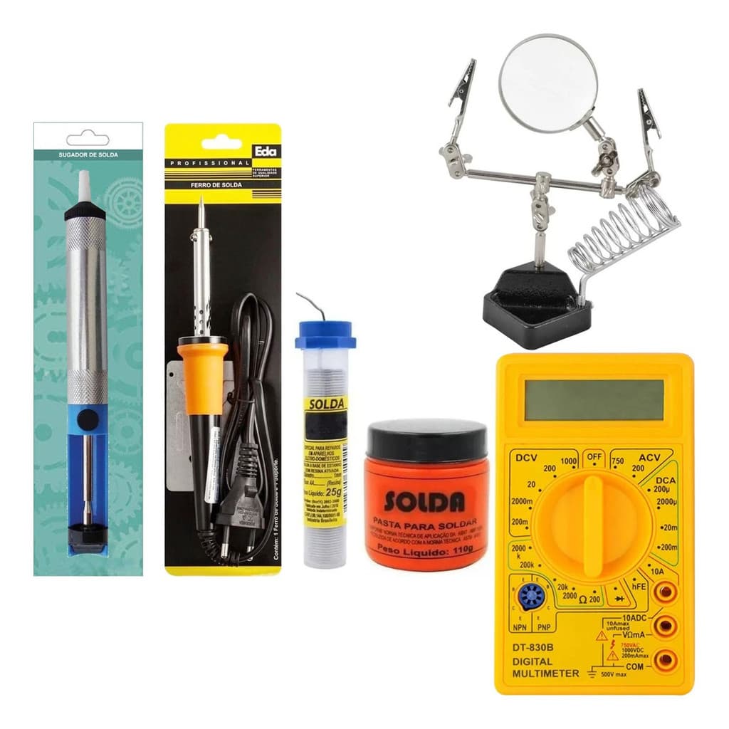 Kit de Solda Mix Ferro Tipo Lápis Multímetro Sugador Pasta Estanho Suporte 220v
