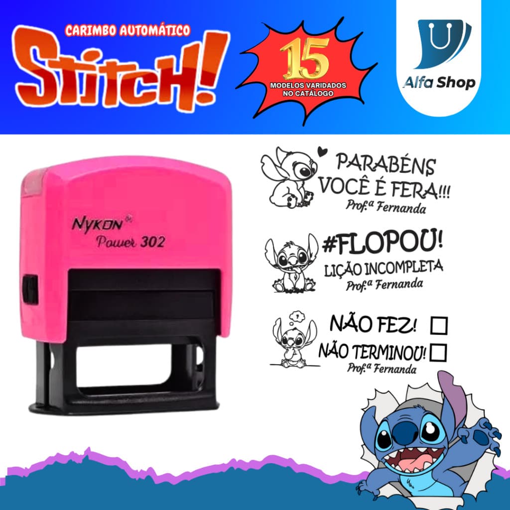 Carimbo Automático Stitch Personalizado, Carimbo Pedagógico Stitch - Carimbo para Professores