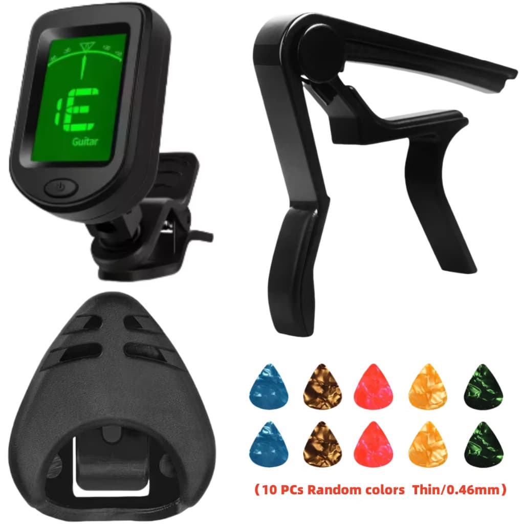 Kit Afinador Digital Led Capotraste Porta Palhetas e 10 Palhetas + Bateria Brinde - Violão Cavaco Guitarra Baixo Ukulele