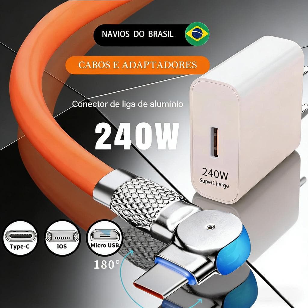 Carregador Super Rápido De 240 W Com 180 ° Cabo De Carregamento De Rotação Para Cabos Giratórios Tipo C Micro USB iOS Do