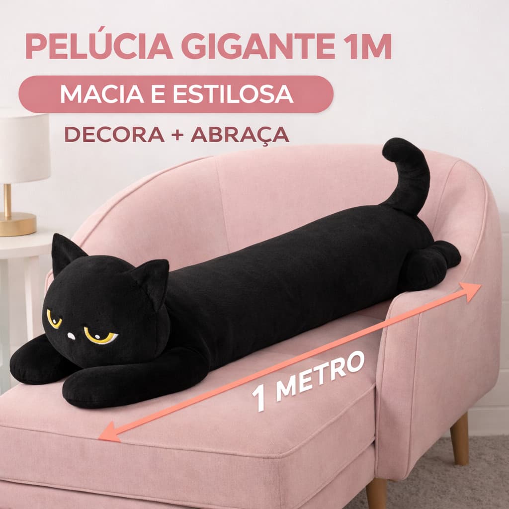 Gato Preto Gigante 1 Metro e 50cm Pelúcia Macia Travesseiro Grande Almofada Fofa Decoração Presente