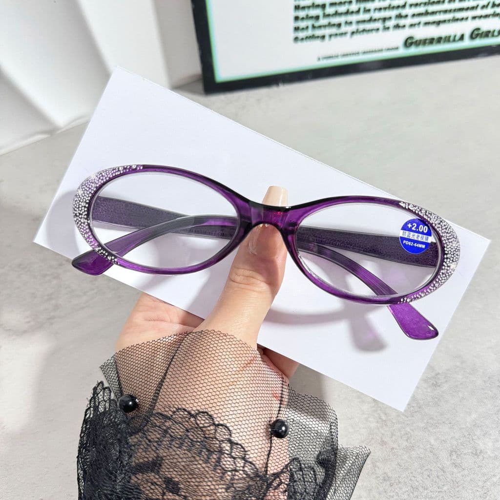 Y2K quente menina roxo piscando diamante Oval óculos Anti-luz azul óculos planos influenciador Su Yan ferramenta útil