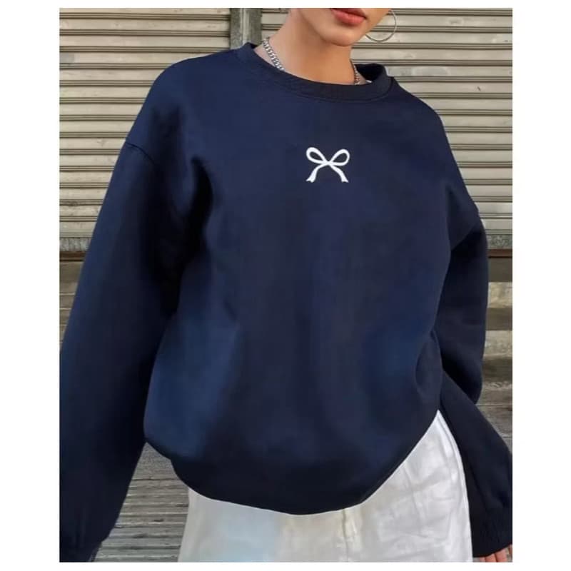 Moletom Lacinho Feminino Gola Redonda Fofo Delicado Blusa de Frio Laço Moda Inverno Casaco