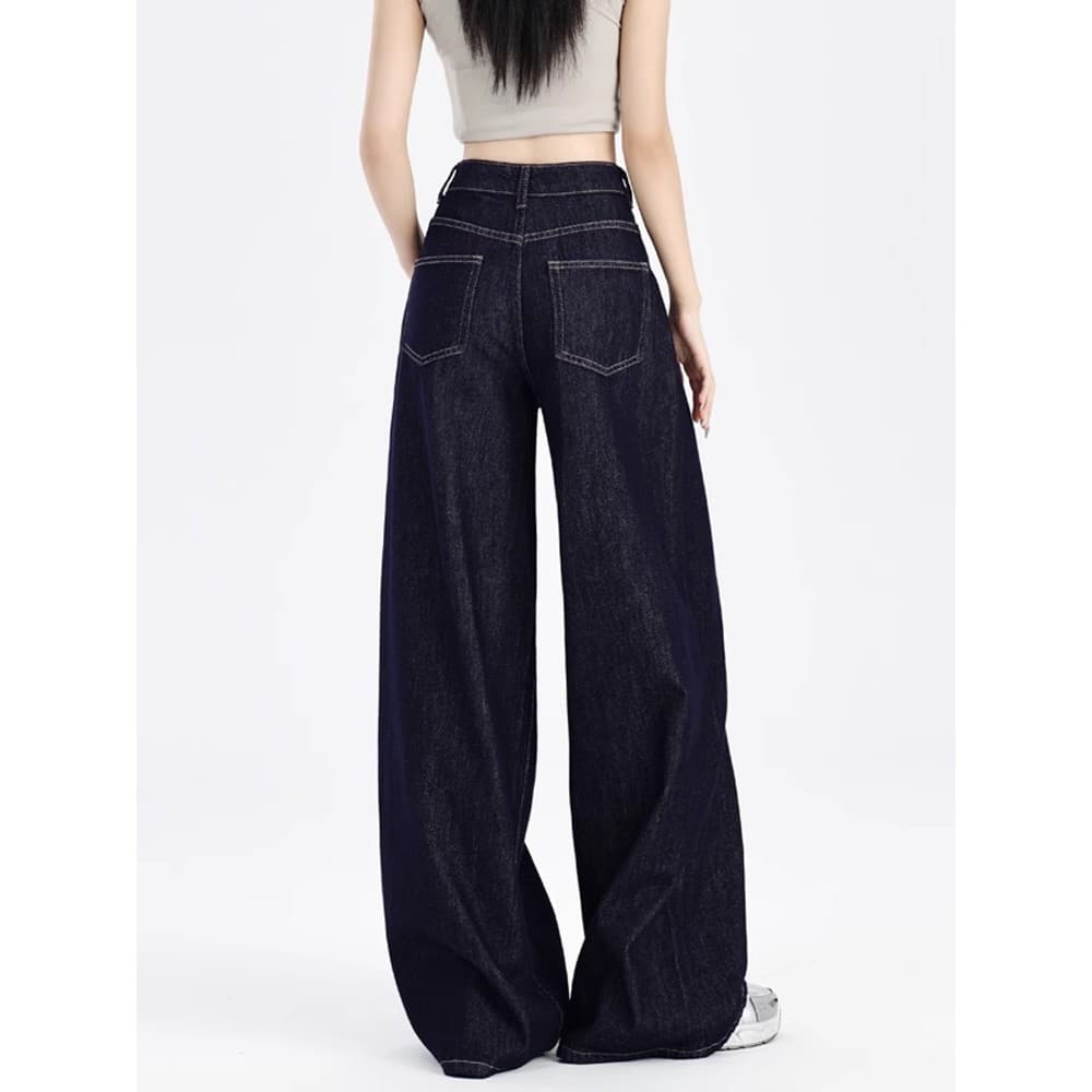 Azul escuro americano solto Jeans de perna larga feminino 2026 primavera outono novo estilo Drape preguiçoso Casual chão