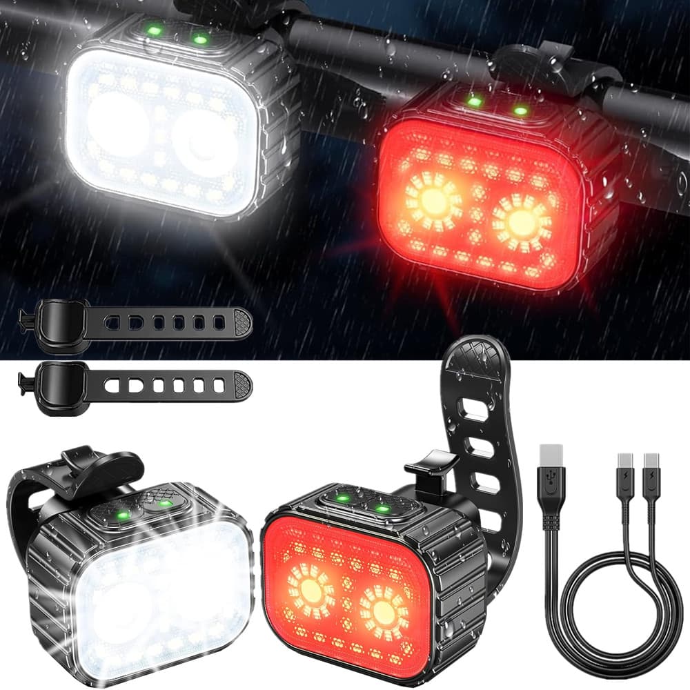 Kit Farol + Lanterna Traseira Recarregável USB Bike 6 Leds