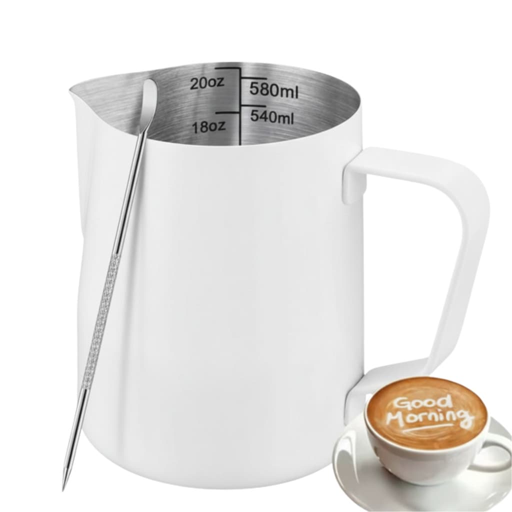 Bule Jarra Leiteira Barista 600ml Inox Branca + Caneta Latte