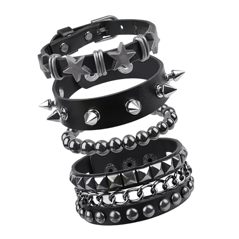blg Pacote De 4 Braçadeiras Punk Unissex Para Concertos , Festas , Halloween , Design Ajustável , Material De Couro , Mo