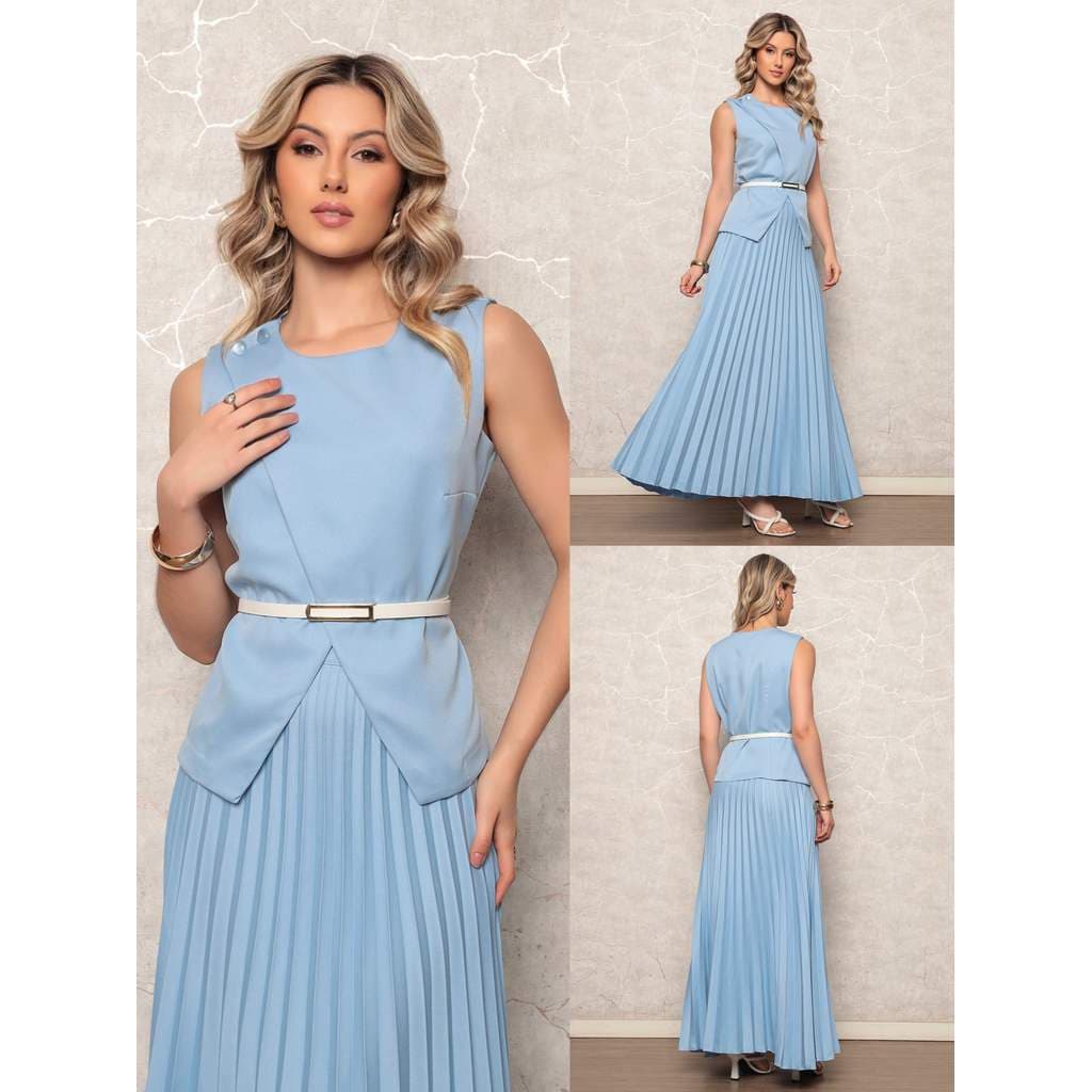 Conjunto Feminino Alfaiataria Moderna Blusa Ajustada Cinto Estiloso E Saia Plissada Longa  Para Escritório Ou Reuniões