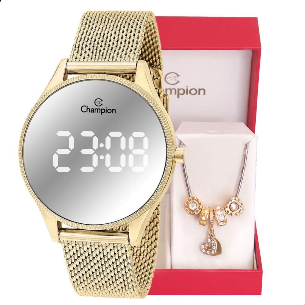 Relógio Feminino Champion Dourado Espelhado Digital CH40137B + Dourado  Pulseira Berloques