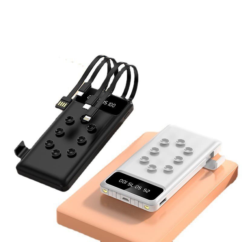Carregador portátil de 20.000 mAh com ventosa, suporte embutido e cabo quadruplo (4 em 1) incluso.