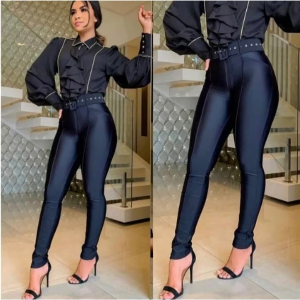 Calça Skinny Cintura Alta Couro Cirrê LANÇAMENTO 2025 Calça Com Cinto
