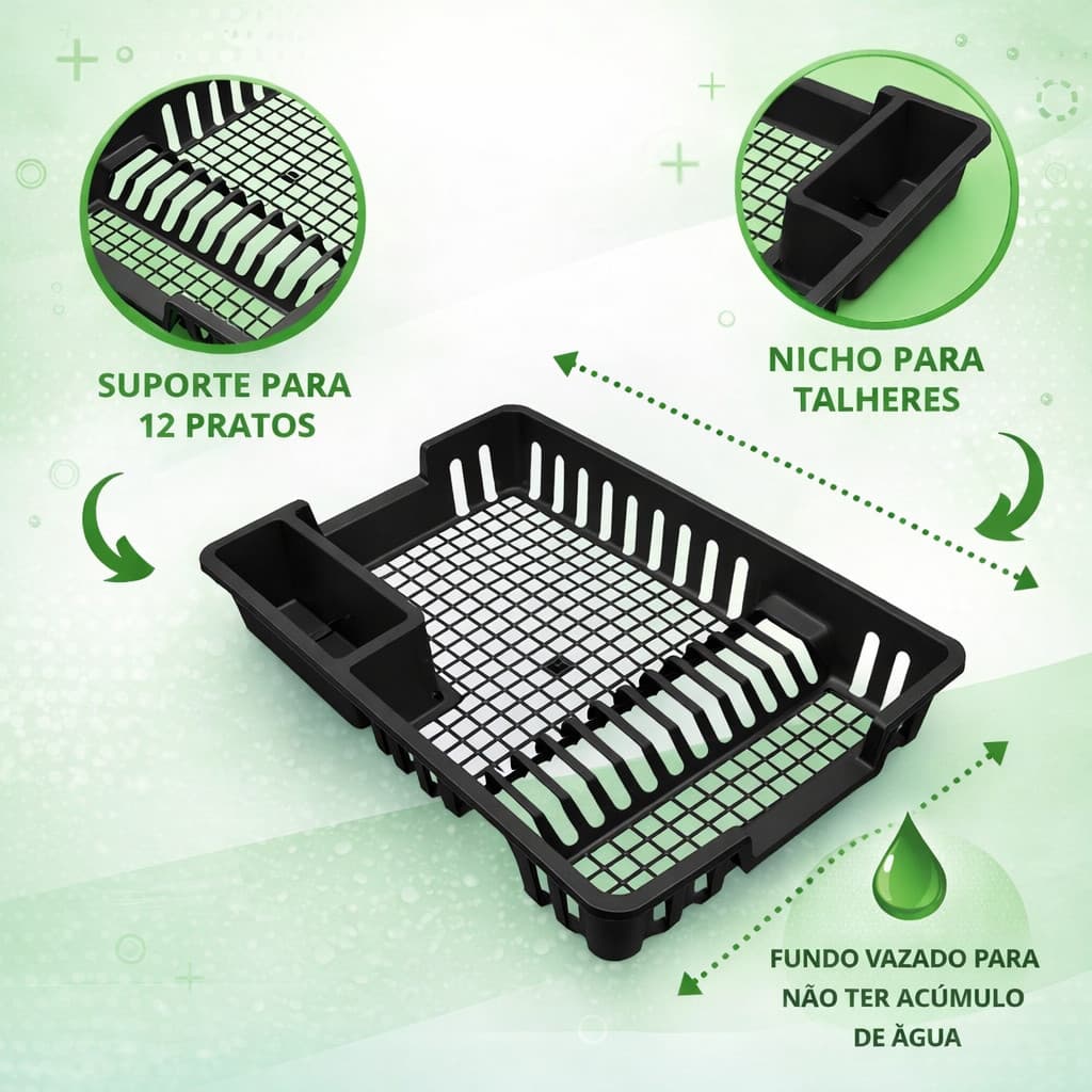 Escorredor de Louças Preto 12 Pratos com Porta Talheres Plástico Resistente Ideal para Cozinha