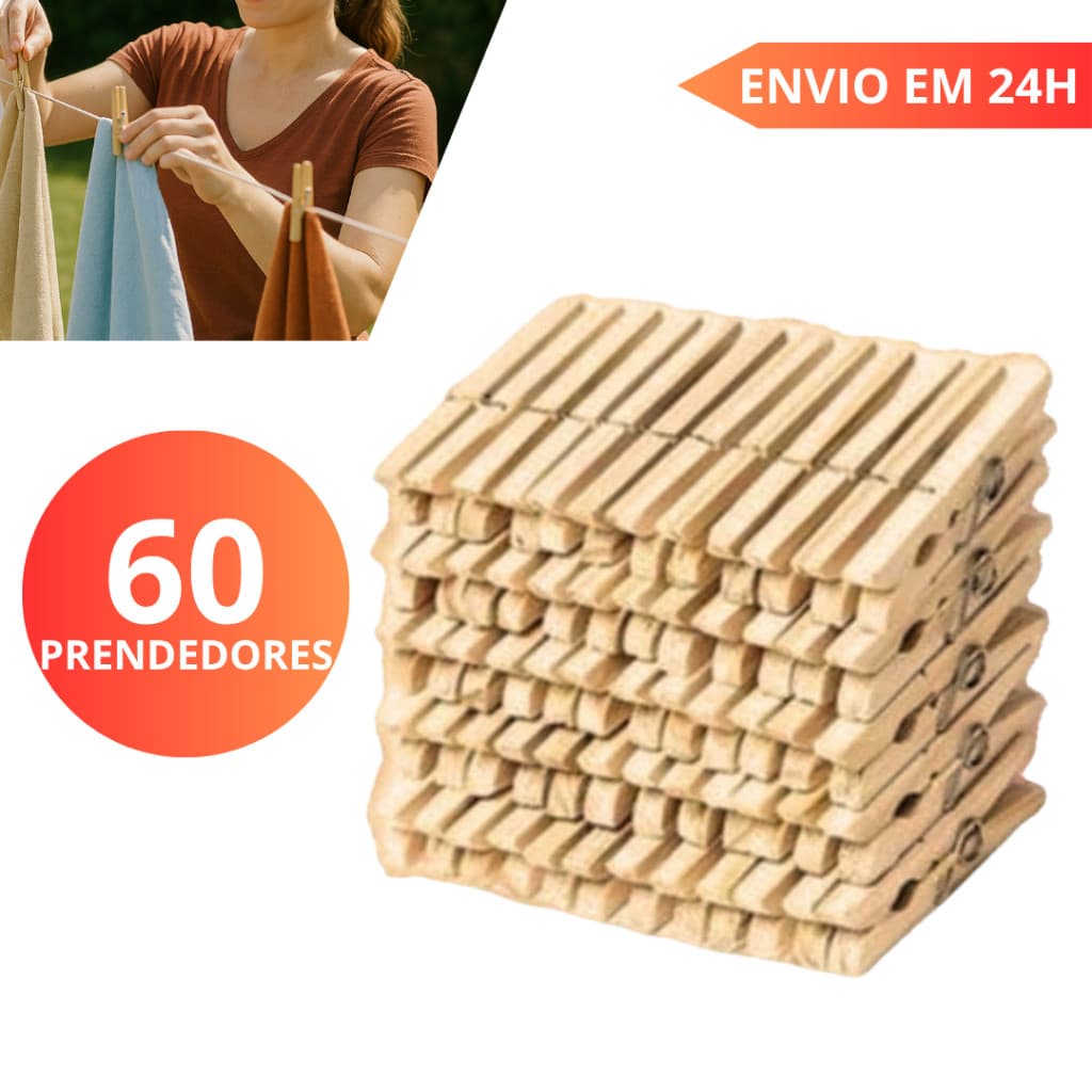 Kit com 60 Prendedores Pregador de roupas de madeira Pegador