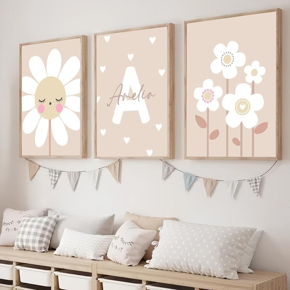 Quadro Decorativo personalizados com Nome Floral Bege Girassol