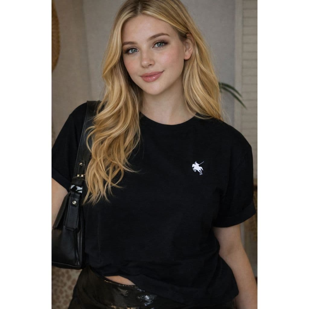 Camiseta Feminina Preta Minimalista Estampa Cavalo Algodão