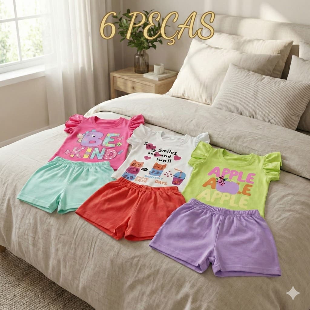 Kit até 6 Peças Infantis Femininas Menina Manga Bufante Blusa + Short Sortidos Tam 2 ao 8