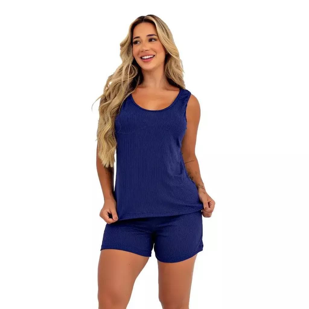 Baby Doll Feminino Canelado com Regata e Short Pijama Curto Confortável