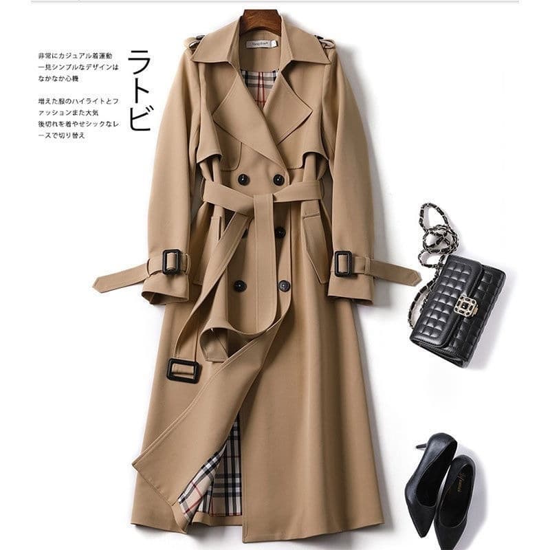 Casaco trench coat cáqui de comprimento médio para mulheres, casaco casual de manga longa com abotoamento duplo para out