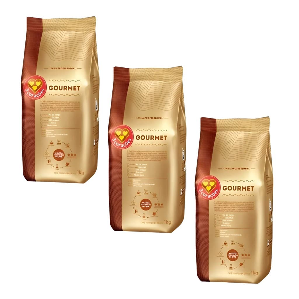 Kit 3 Café Torrado Grão 3 Corações Espresso Gourmet 1KG