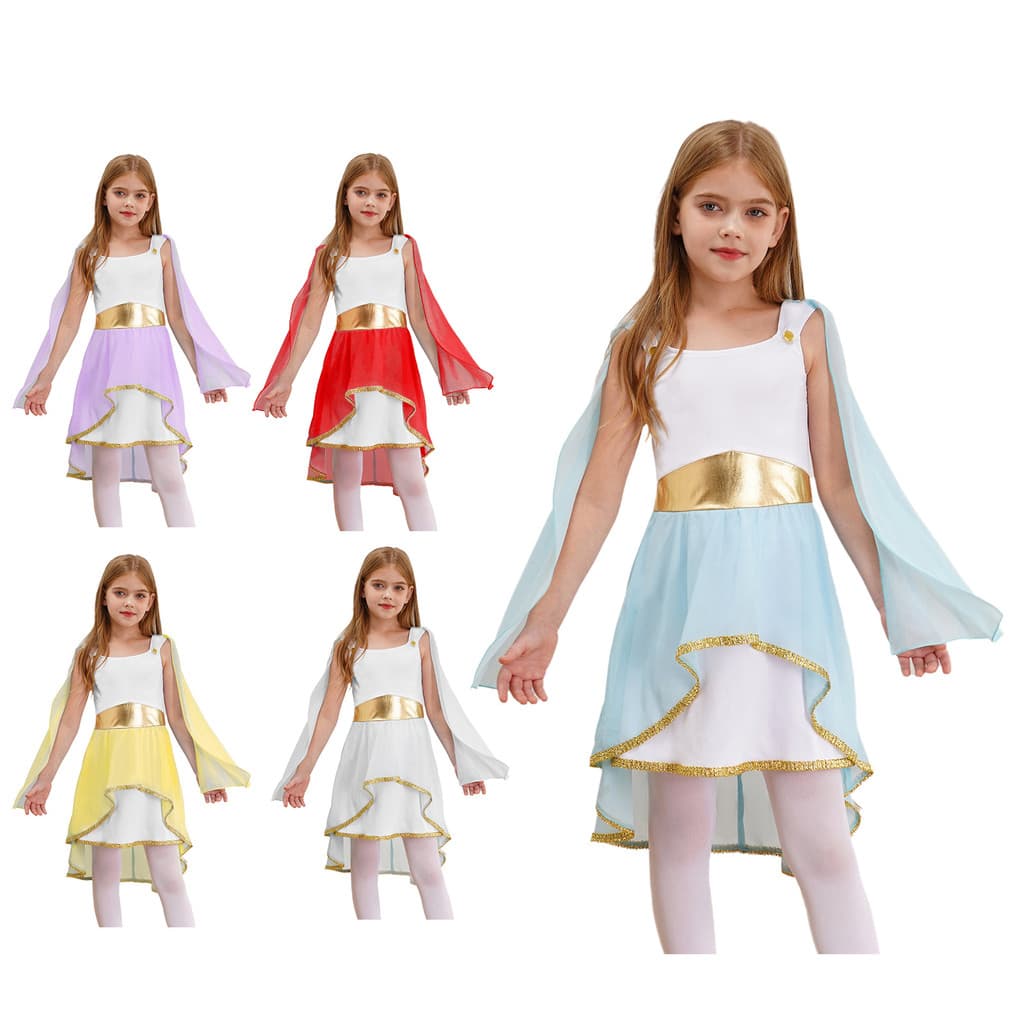 inhzoy Menina Antiga Grega Toga Traje Sem Mangas Retalhos Assimétrico Vestido Fluido Halloween Antigo Roma Princesa Cosp
