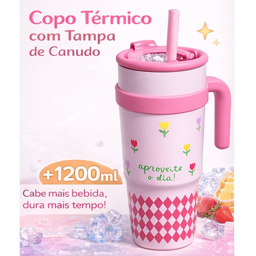 Copo garrafa Térmica Inox 1200ml Parede Dupla tampa Canudo Premium