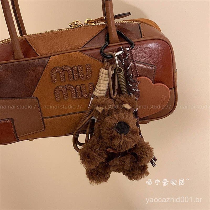 Pingente Marrom West Highland Estilo Miu Bolsa de Couro em Forma de Coração Pendurada Pelúcia zOLm