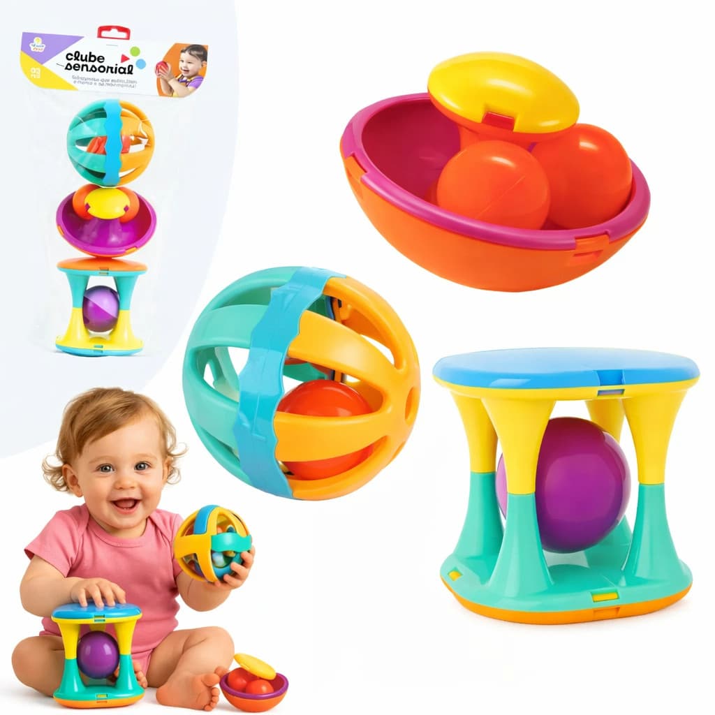 Kit Chocalho Sensorial Gira Ball Brinquedo Didático Educativo Infantil Torre Colorido Som Suave Bebê
