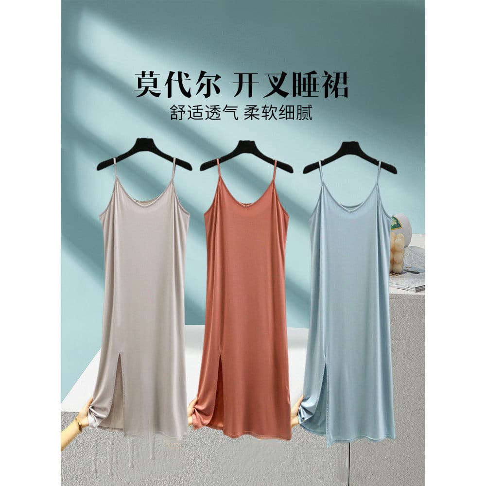 Modal feminino verão estilo fino cor sólida simples com decote em V estilingue camisola Casual solto sem mangas vestido