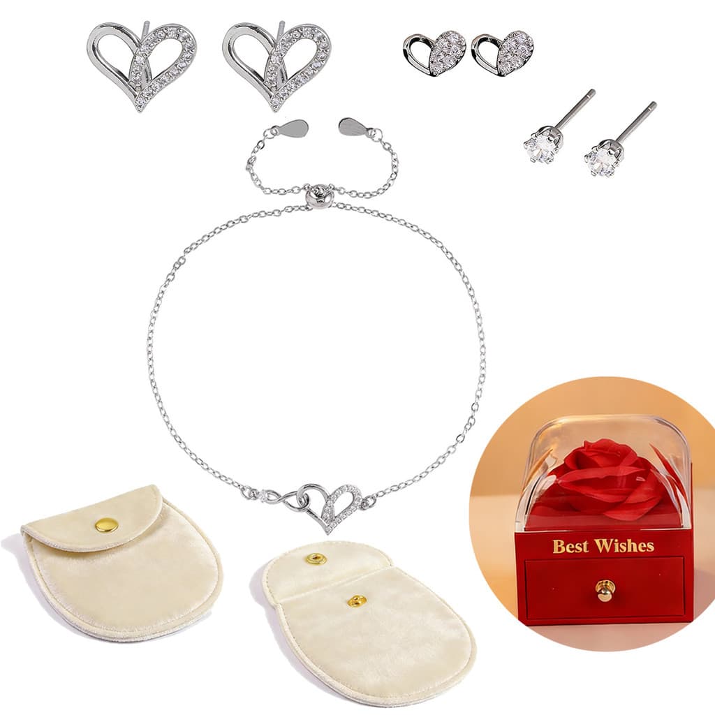 Caixa De Presente De Pulseira Feminino Com Brinco E Pulseira Formato Coração Cravejada Com Zircônia