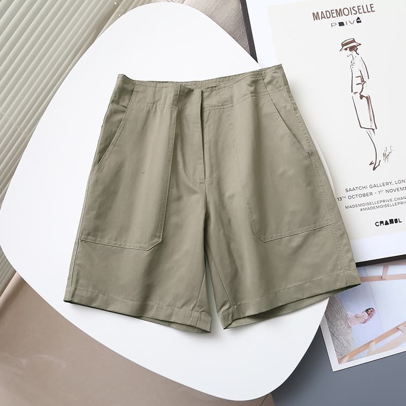 Espanhol único verão solto All-Match Retro grande bolso Casual perna larga calças de cinco pontos macacão Shorts retos f