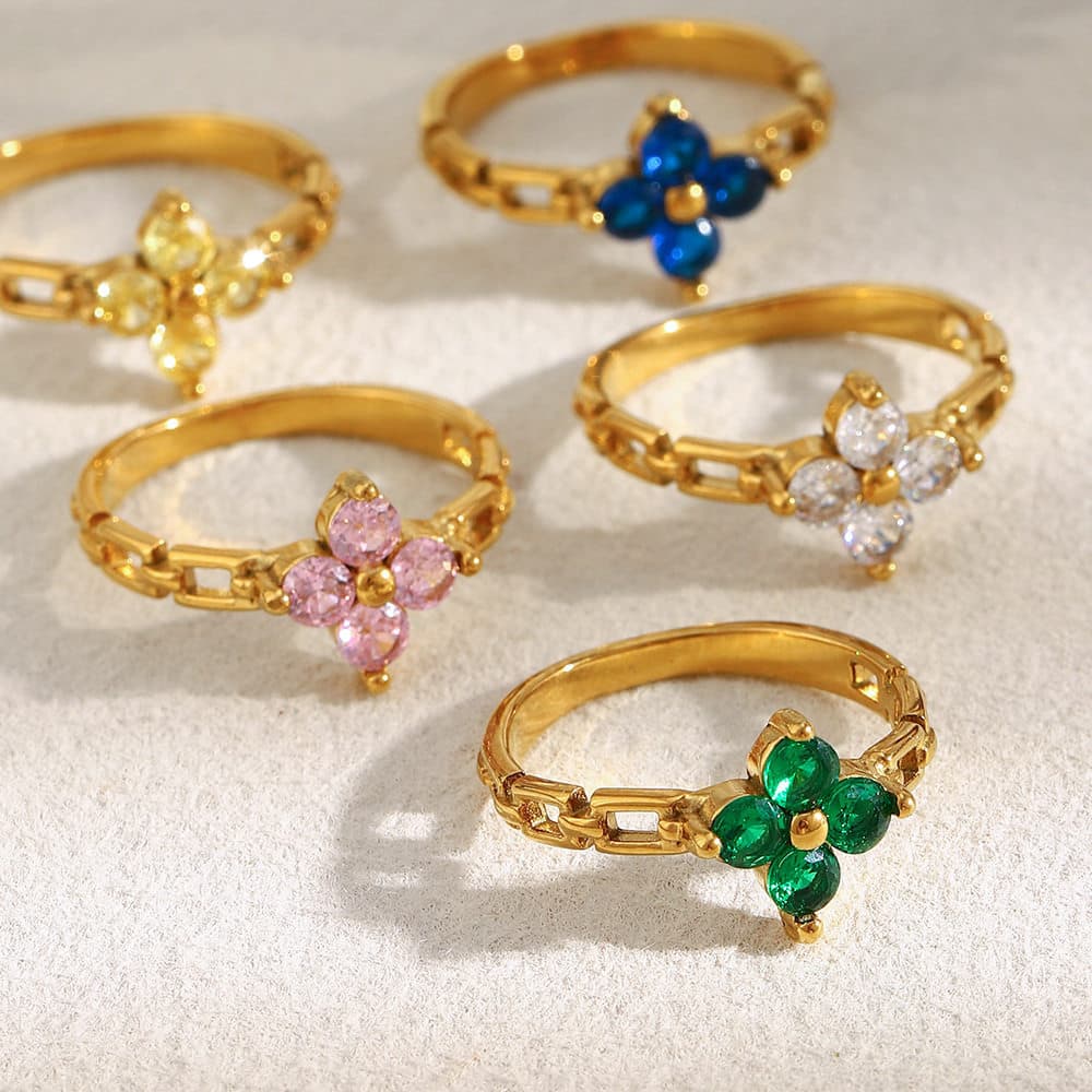 Feminino europeu americano elegante nicho único criativo banhado a aço inoxidável 18K ouro flor zircão anel de corrente