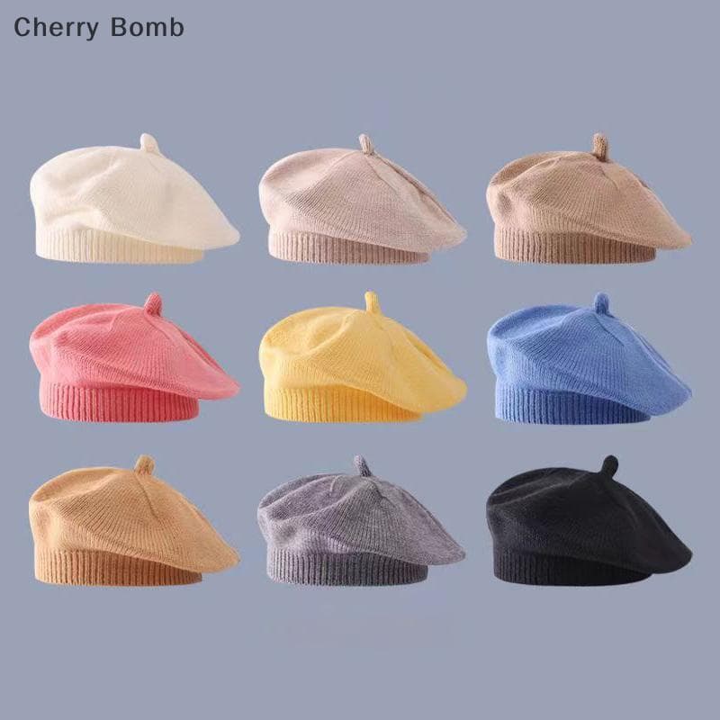 (Bomba De Cereja) Moda Bonito Bebê Malha Boina Chapéu Cor Sólida Crianças Chapéus Quentes Outono Inverno Boné Para Ao Ar
