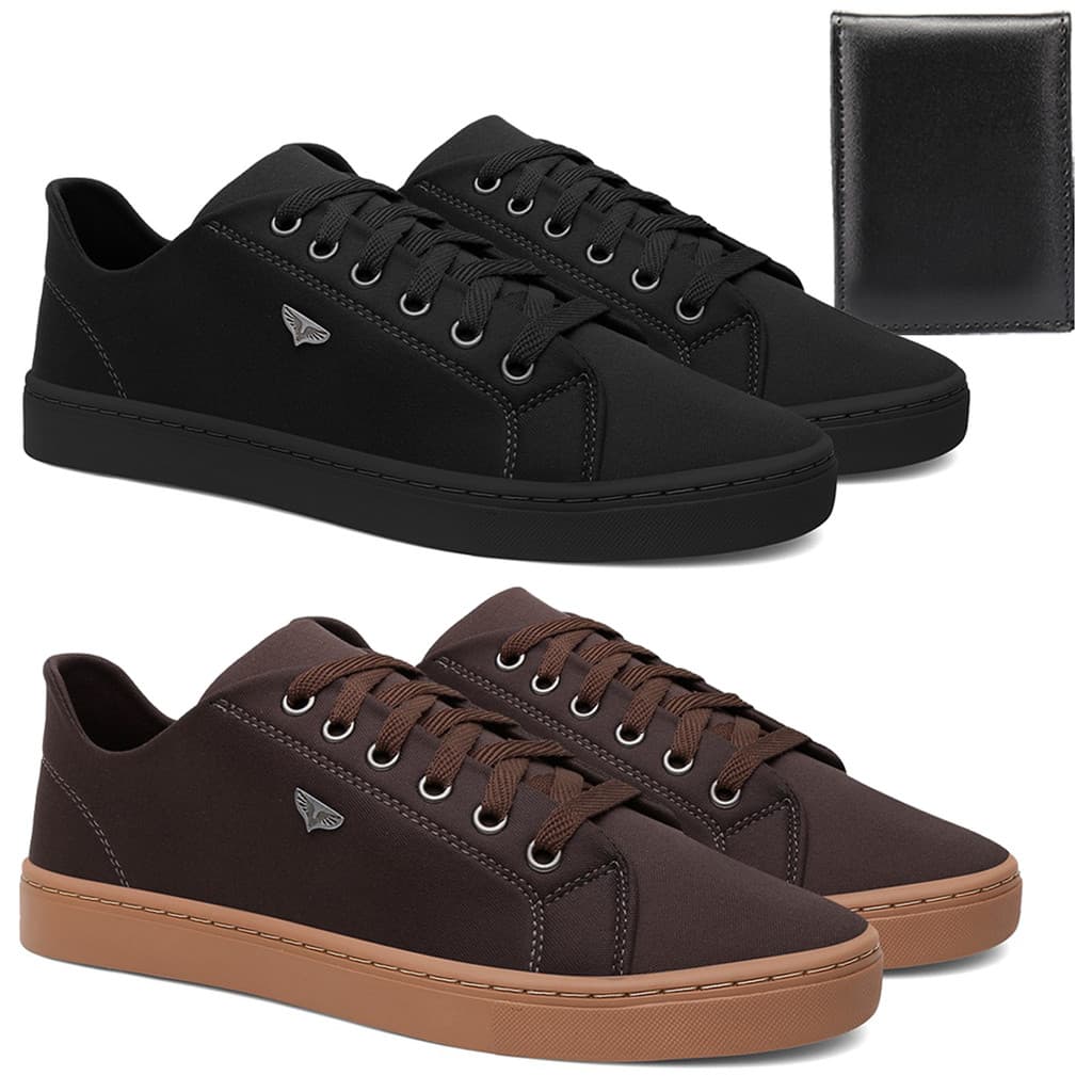Kit 2 Sapatênis Masculino Casual Preto e Marrom Confortável Antiderrapante Básico com Carteira