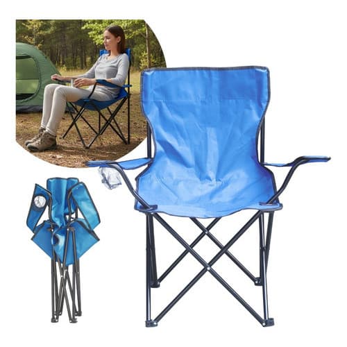 Cadeira Camping Com Apoio De Braço E Porta Copos Azul