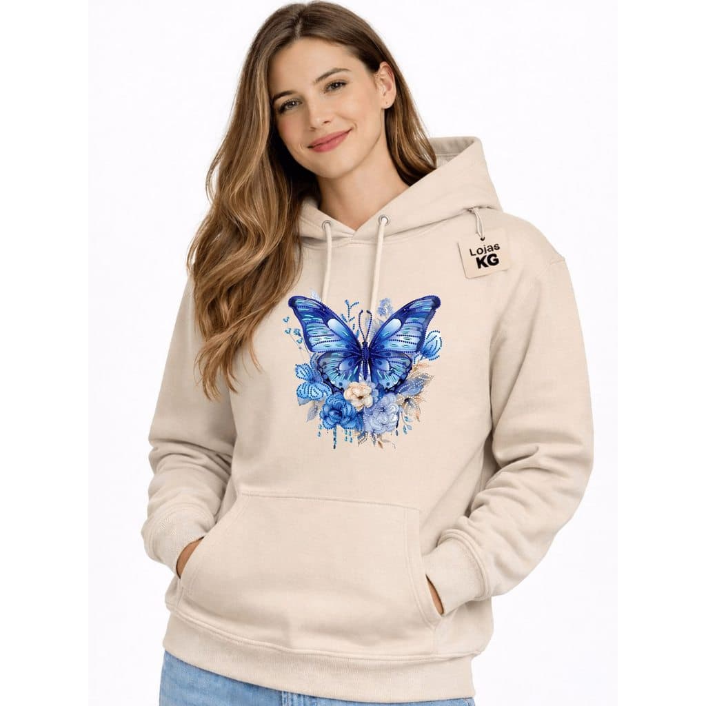 Moletom Canguru estampada Feminino BORBOLETA azul Agasalho Outono/Inverno Frio Estampado flanelado blusa de frio capuz