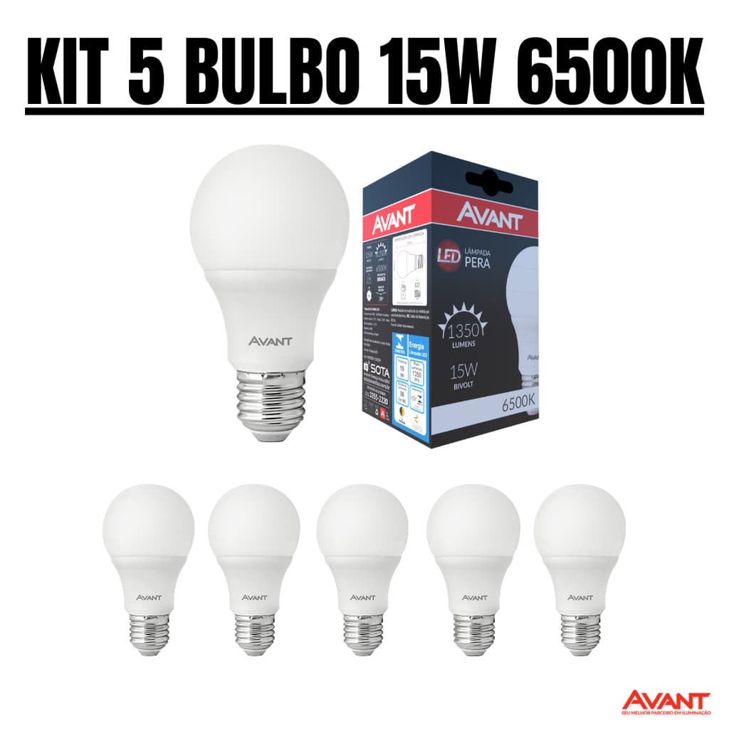 Kit 5 Lâmpada Led Bulbo 15w 6500k Branca Fria E27 Avant
