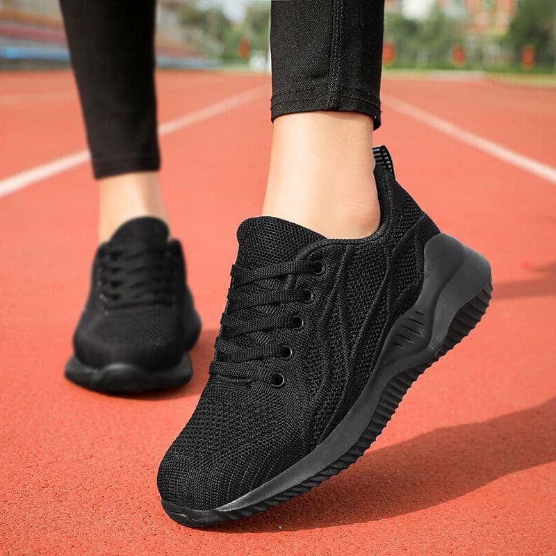 Sapatos femininos de renda 2025 outono malha sapatos malha preta respirável sapatos esportivos senhoras leve sola macia