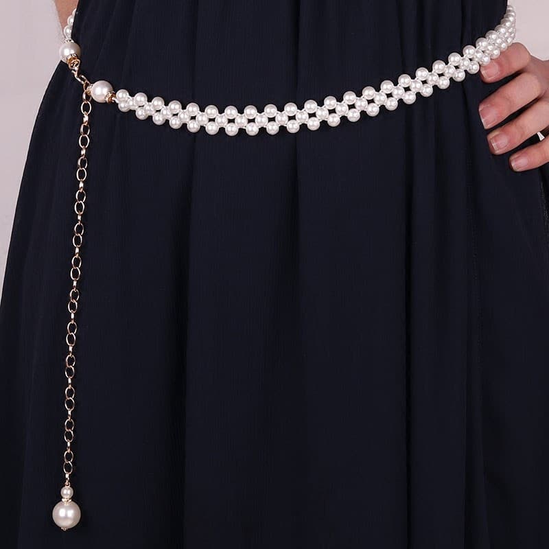 Versão coreana pérola cintura corrente feminina Metal decorativo vestido corrente strass borla elástico cinto fino