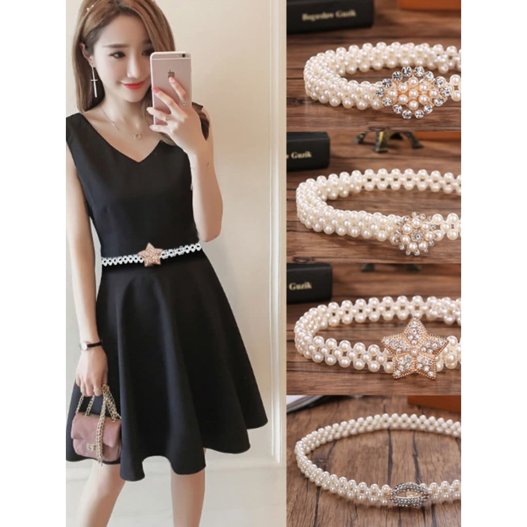 Cinto elástico feminino cinto strass versão coreana All-Match luz corpo decoração vestido largo Chiffon pérola cintura c